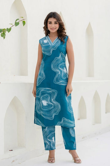 Turquoise Blue Straight Kurta with Trousers Coord Set