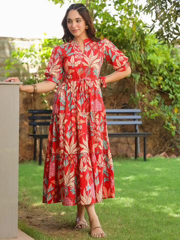 Women Floral Print Puff Sleeve Pure Cotton Fit & Flare Midi Dress