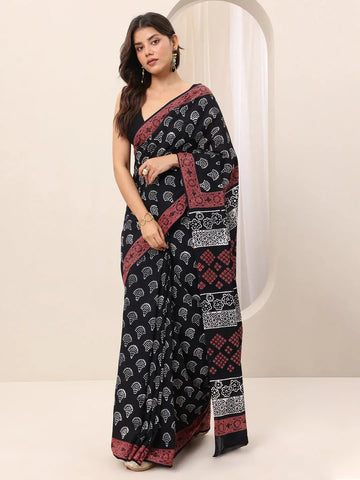 Black Printed Cotton Saree With Unstitched Blouse Piece