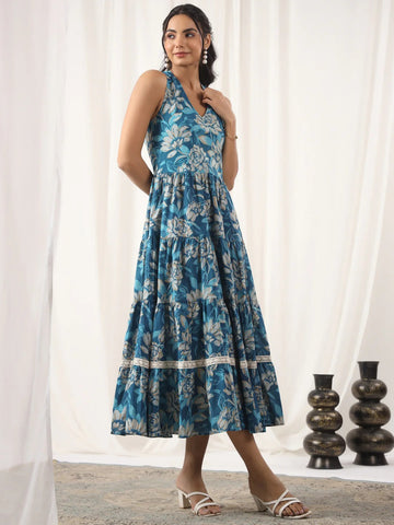 Blue Printed Cotton Dress For Women