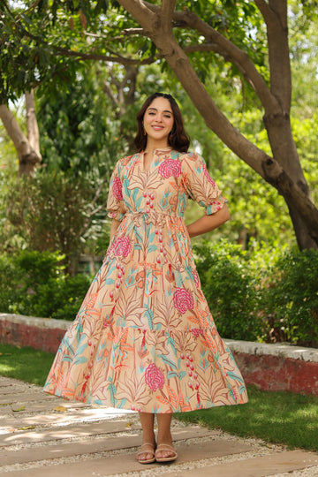 Women Floral Printed Puff Sleeve Fit & Flare Dress