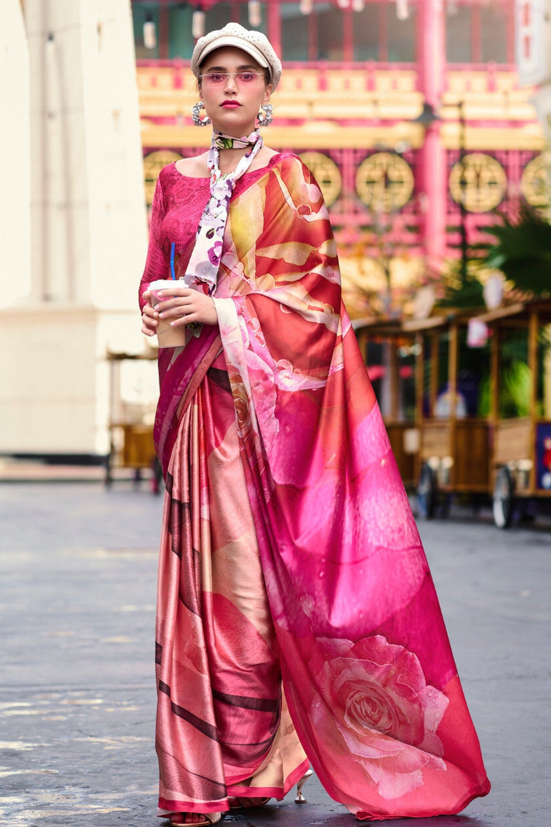 Rusty Red and Pink Printed Satin Crepe Silk Saree Online