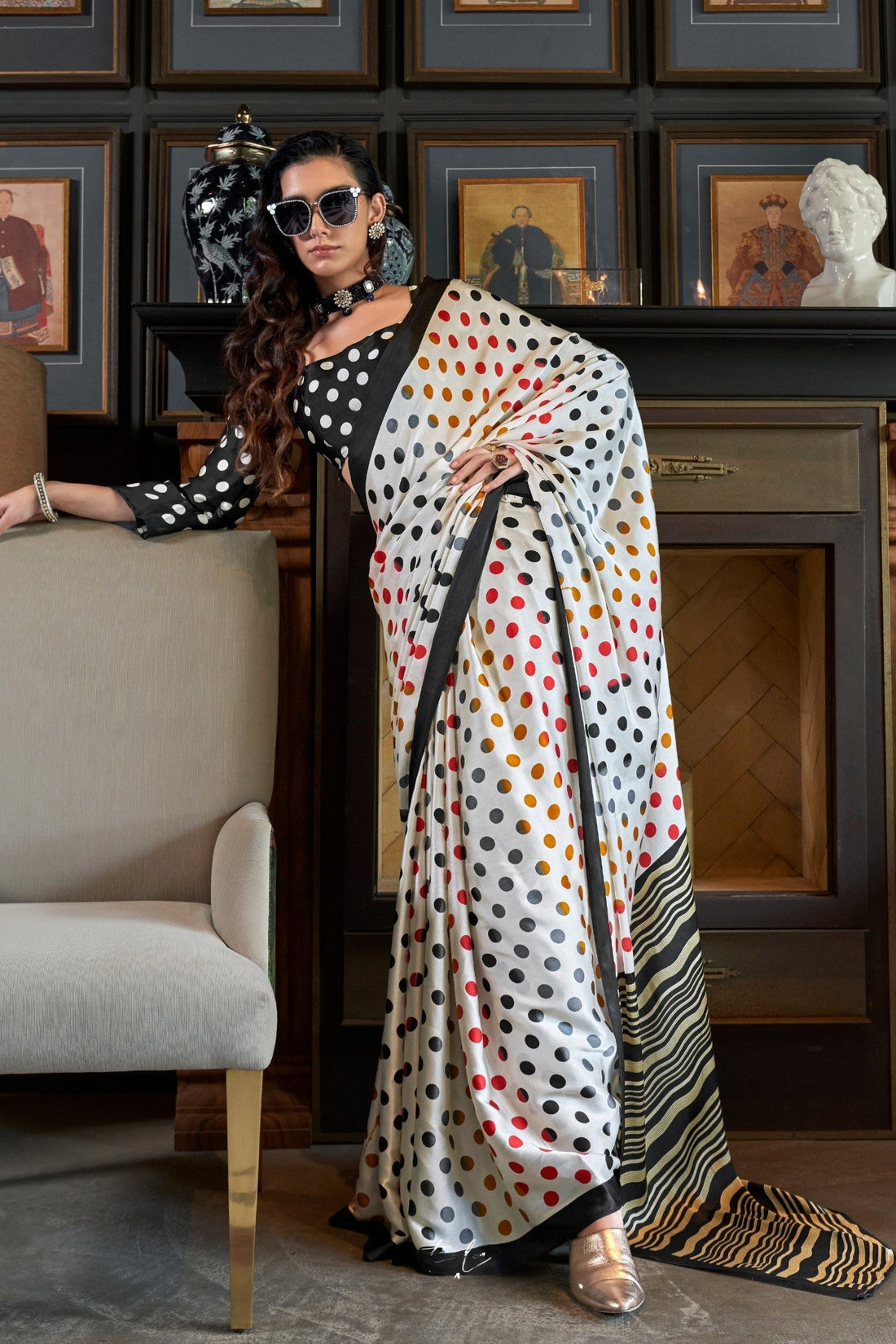 Porcelain White and Black Patola Printed Satin Crepe Saree Online