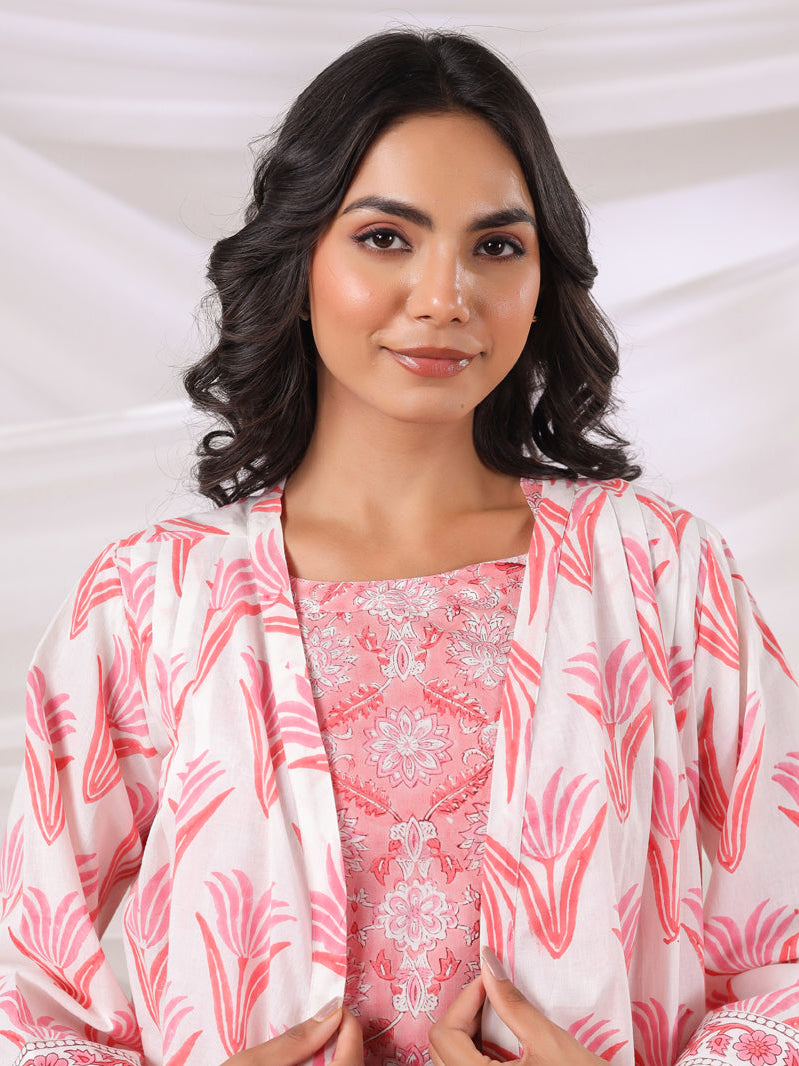 White & Pink Handblock Printed Cotton Inner & Jacket Set