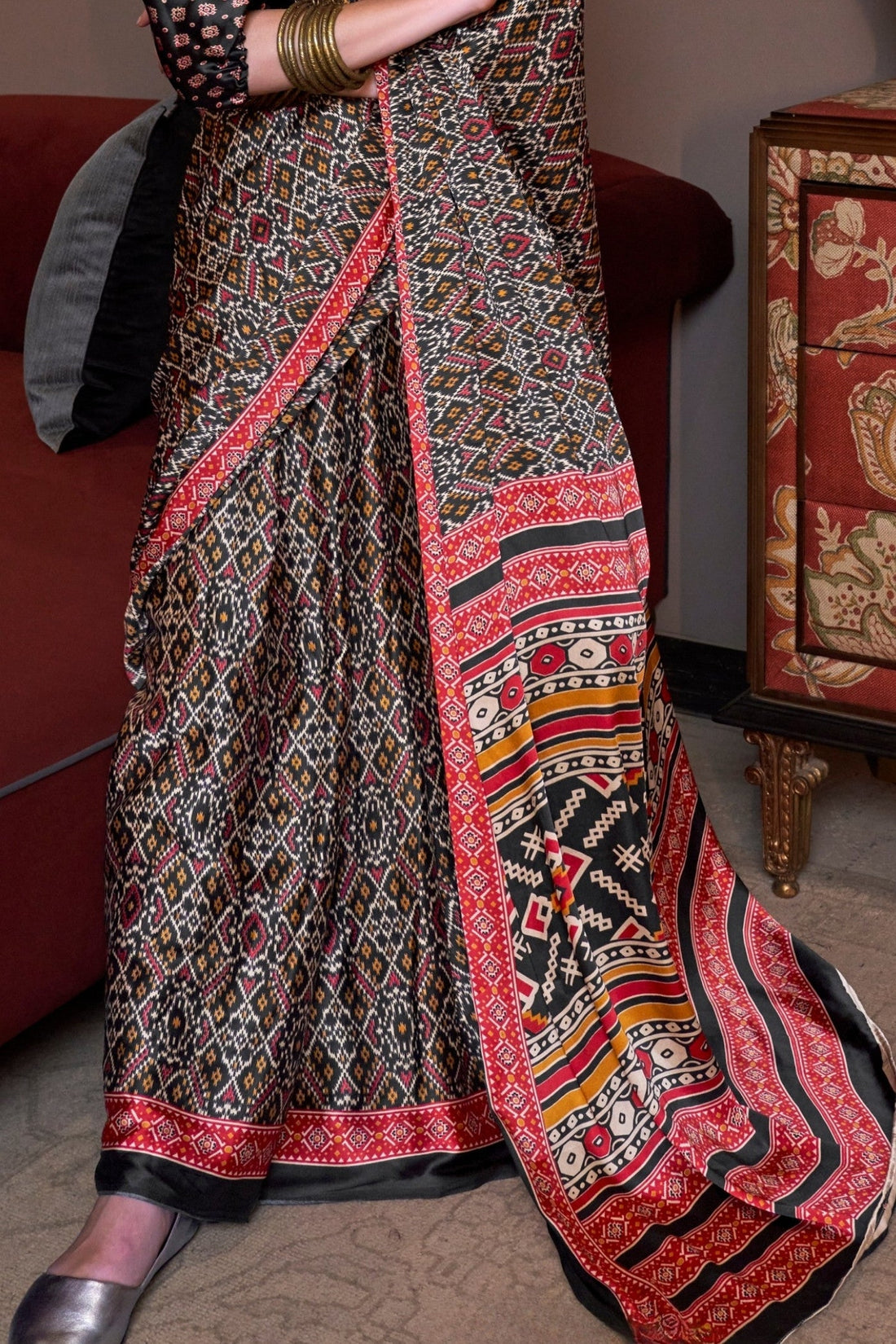 Raven Black and Red Patola Printed Satin Crepe Saree Online