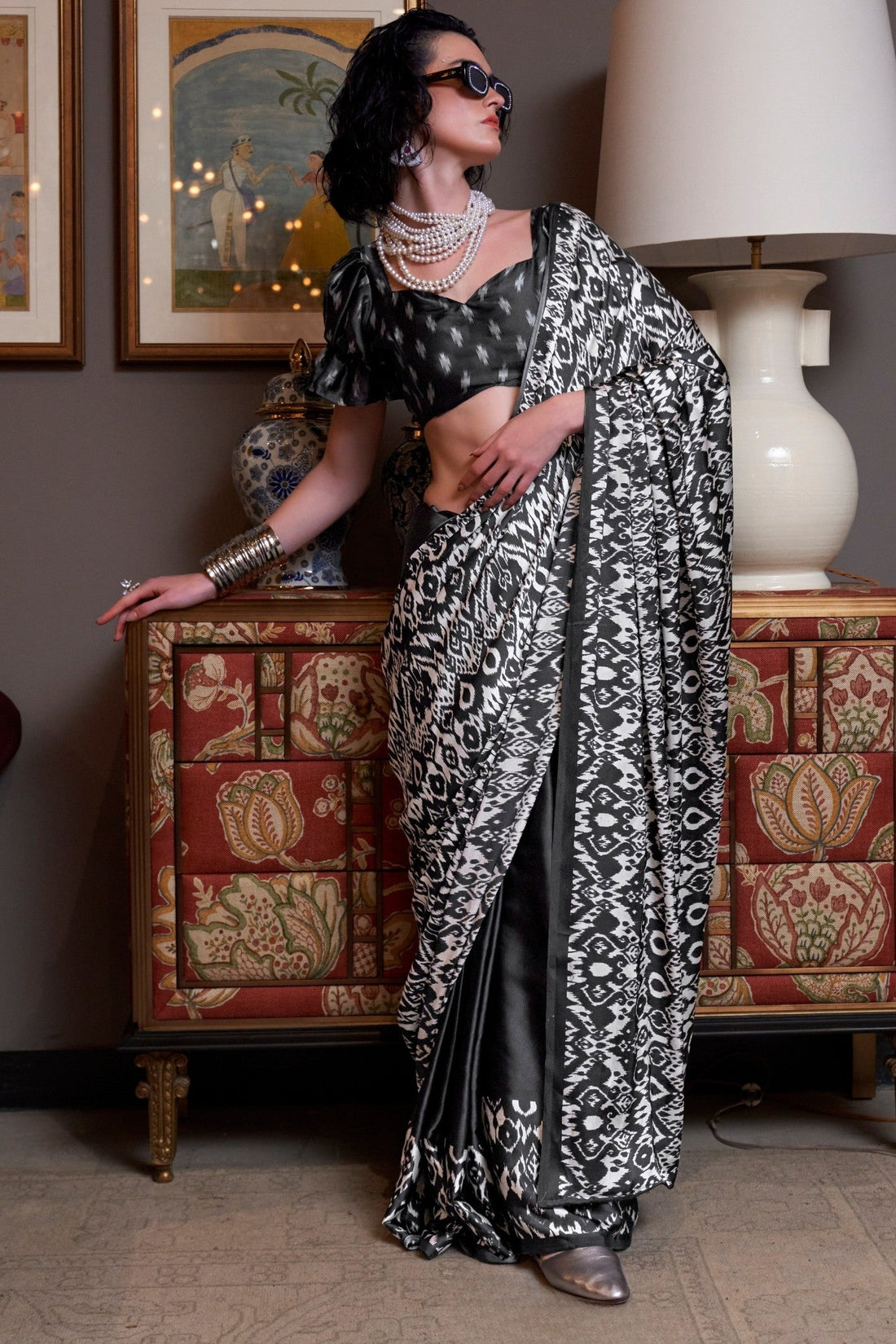 Space Black Digital Printed Pure Satin Saree For Women