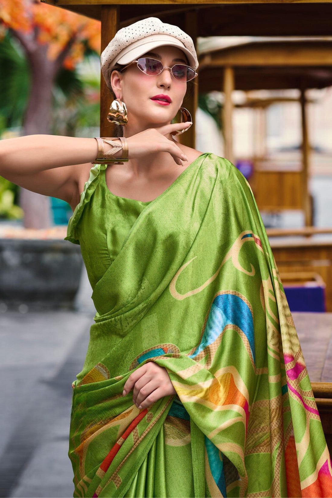 Green Digital Printed Pure Satin Saree For Women