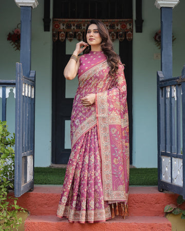 Magenta Handloom Cotton-Linen Saree with Gold Floral Motifs and Peacock