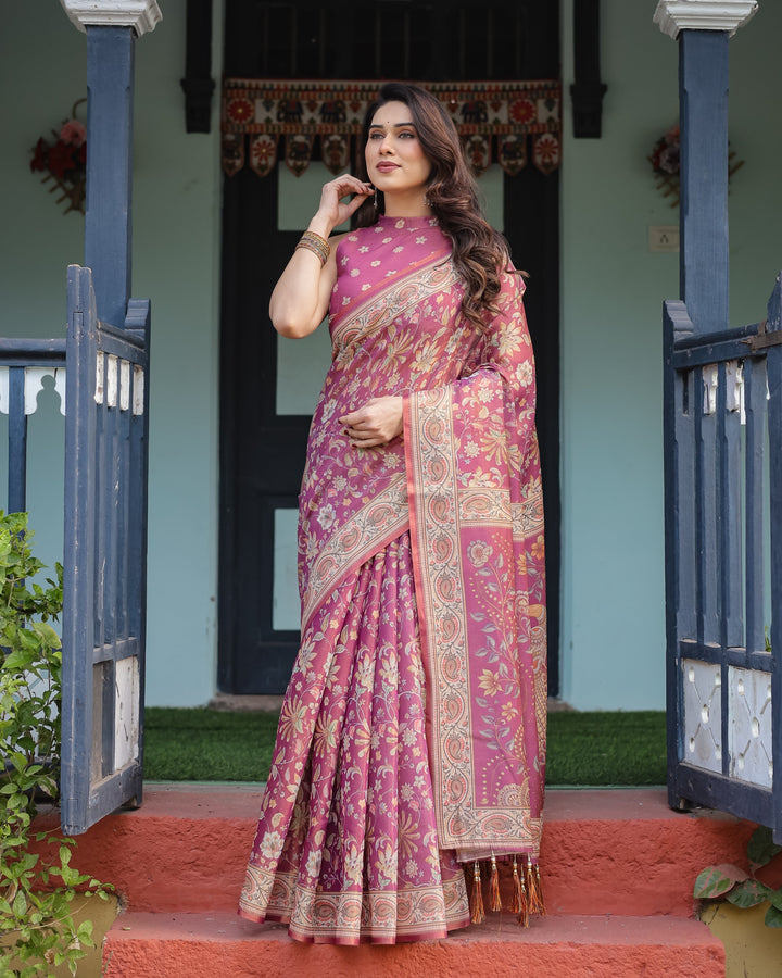 Magenta Handloom Cotton-Linen Saree with Gold Floral Motifs and Peacock
