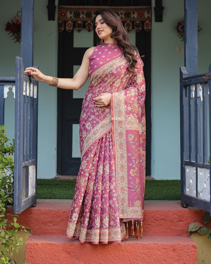 Magenta Handloom Cotton-Linen Saree with Gold Floral Motifs and Peacock