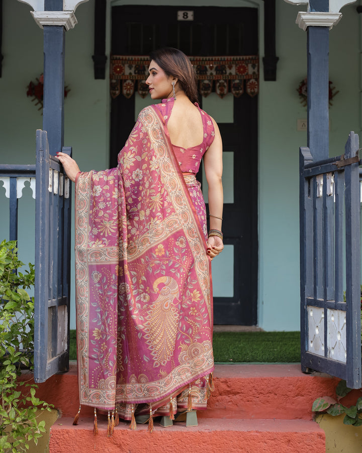 Magenta Handloom Cotton-Linen Saree with Gold Floral Motifs and Peacock