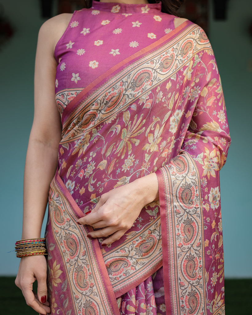 Magenta Handloom Cotton-Linen Saree with Gold Floral Motifs and Peacock