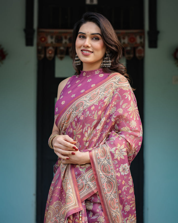 Magenta Handloom Cotton-Linen Saree with Gold Floral Motifs and Peacock