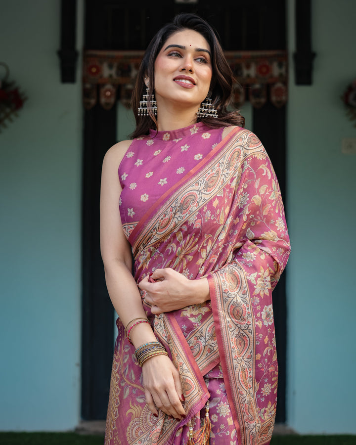 Magenta Handloom Cotton-Linen Saree with Gold Floral Motifs and Peacock