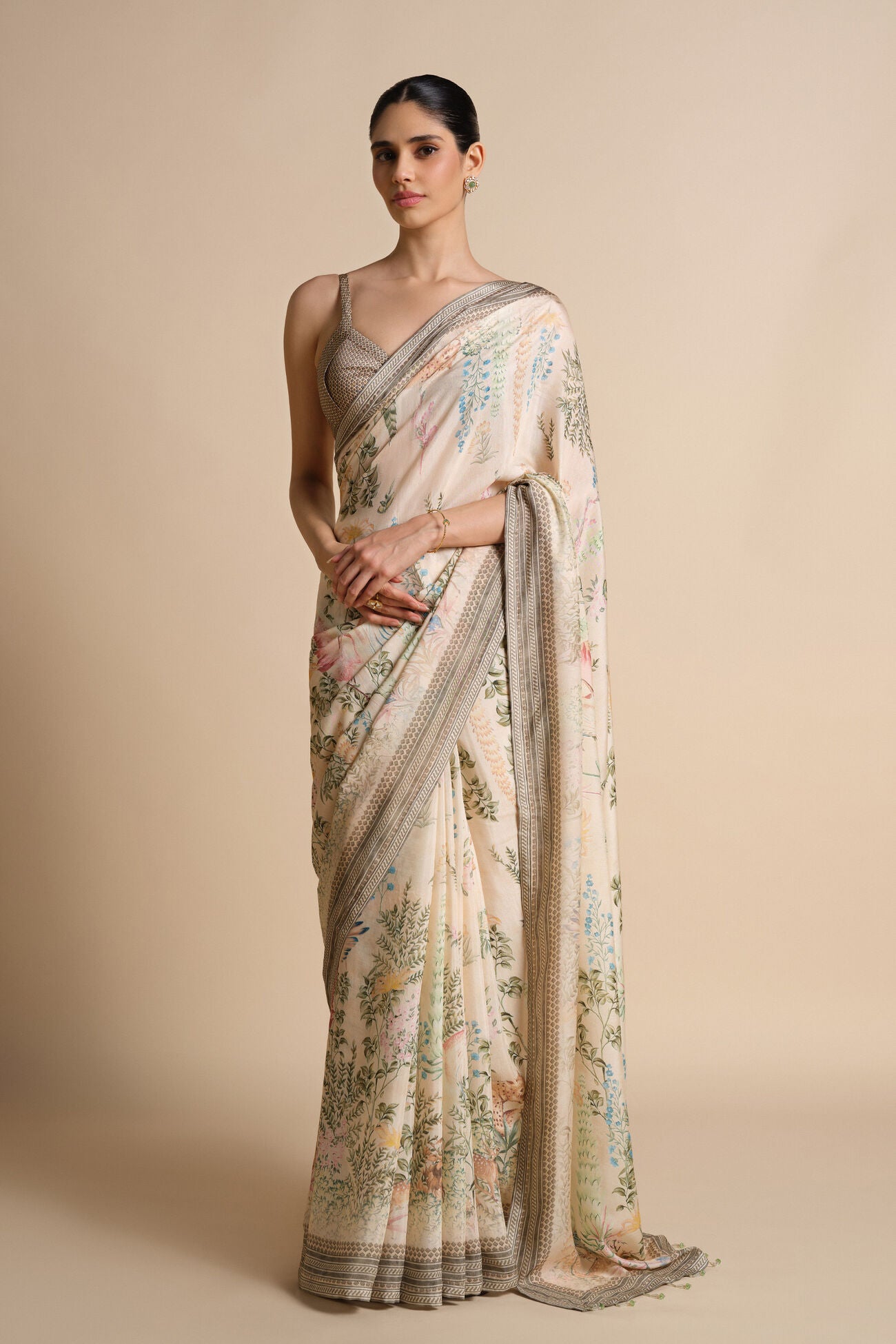 Beige Floral Printed Pure Cotton Saree For Women