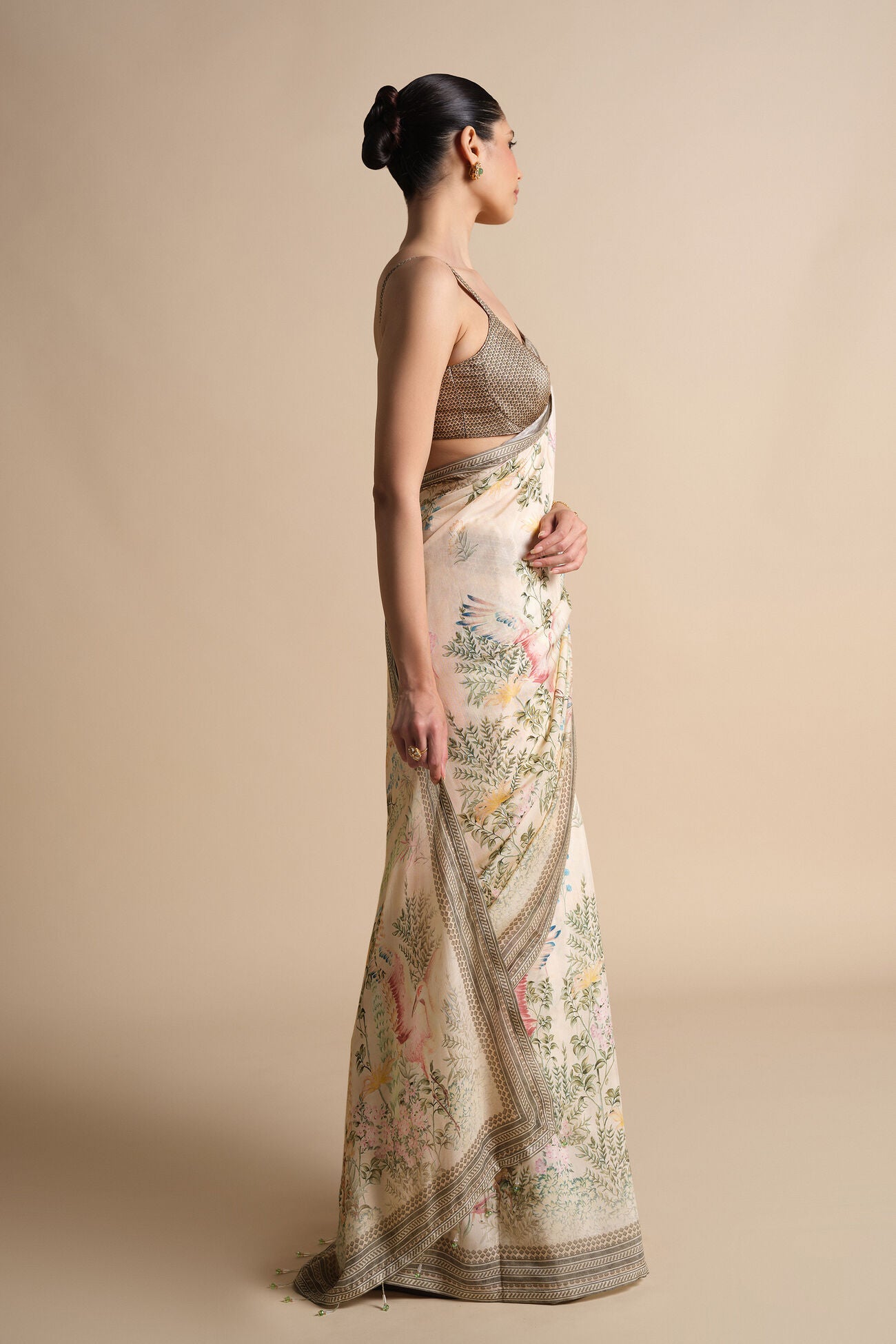 Beige Floral Printed Pure Cotton Saree For Women