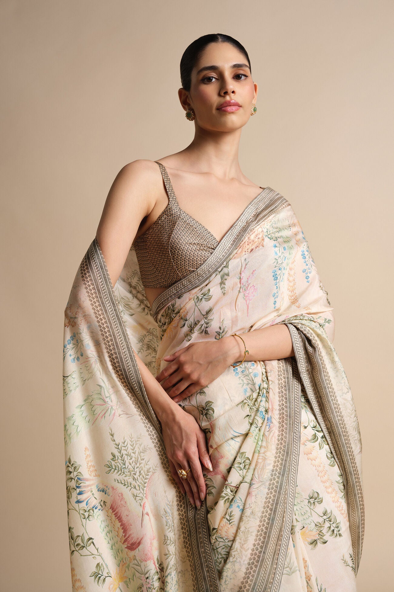Beige Floral Printed Pure Cotton Saree For Women