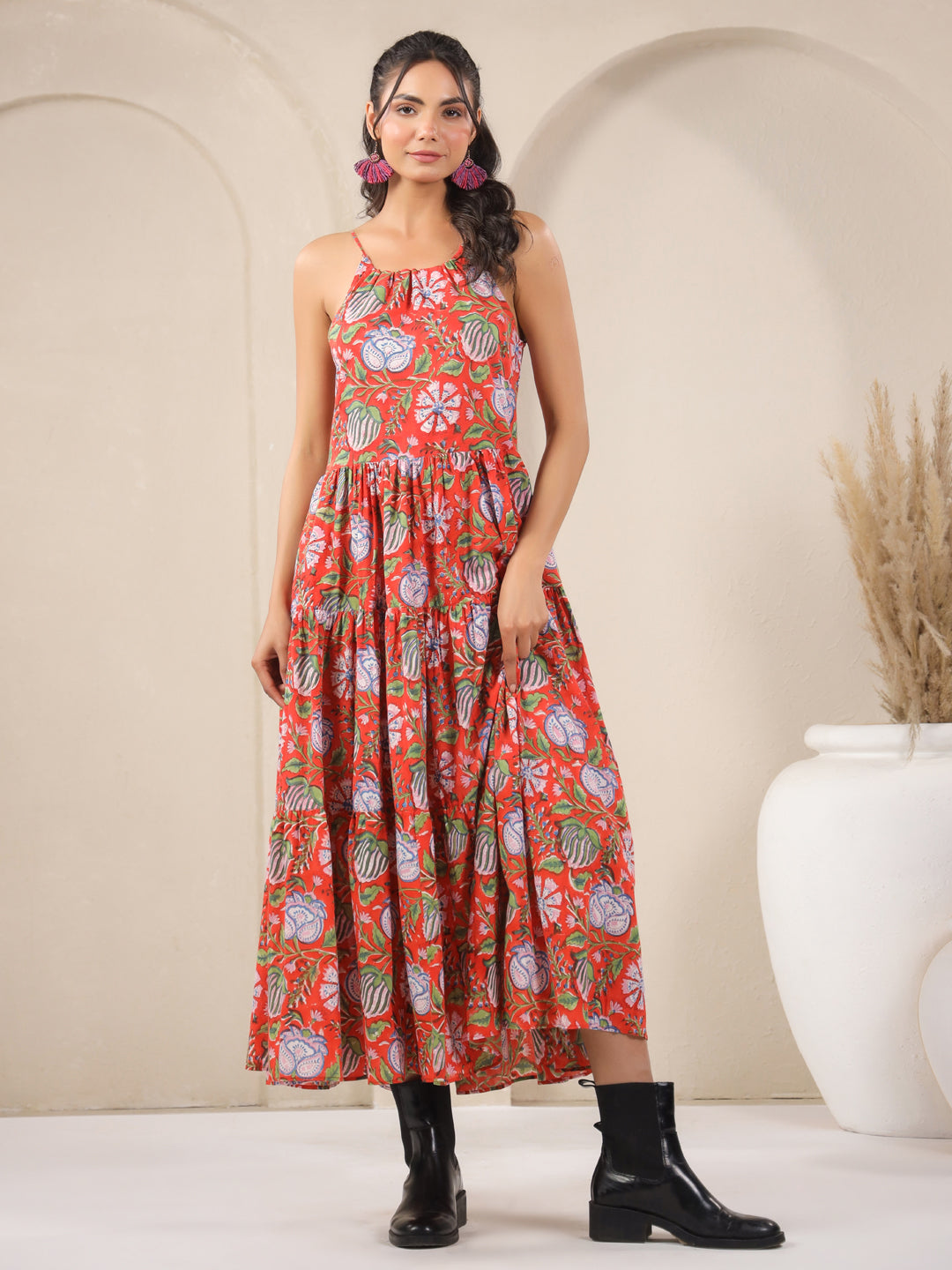 Orange Handblock Printed Cotton Maxi Dress For Women