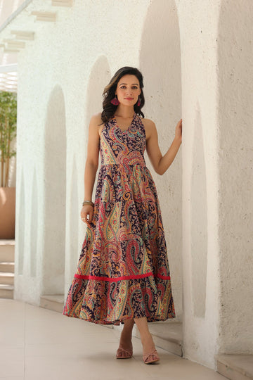 Paisley Printed Pure Cotton Fit & Flare Maxi Ethnic Dress For Women
