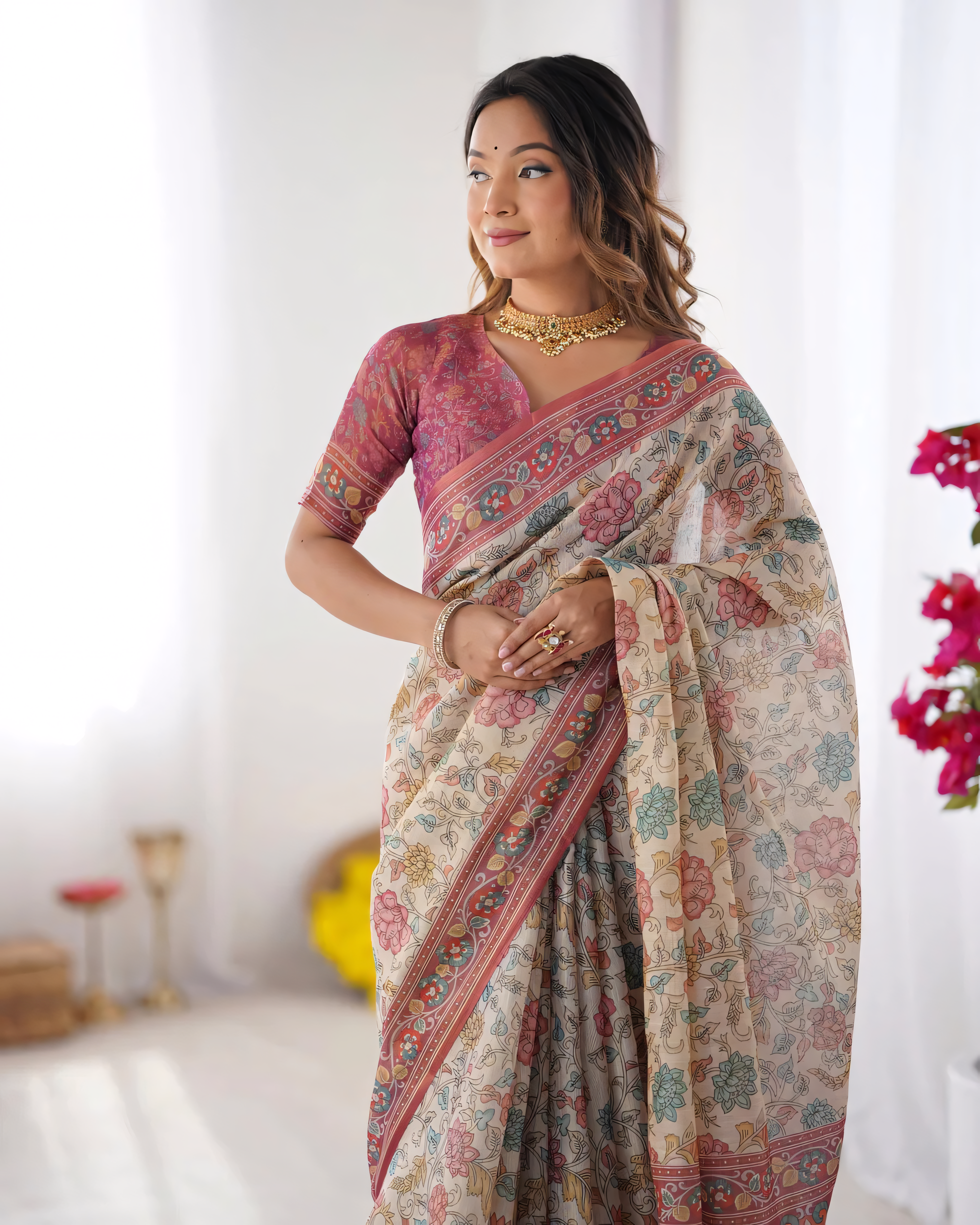 Cream & Pink Handloom Cotton Saree with Pastel Floral Print and Ornamental Tree Pallu