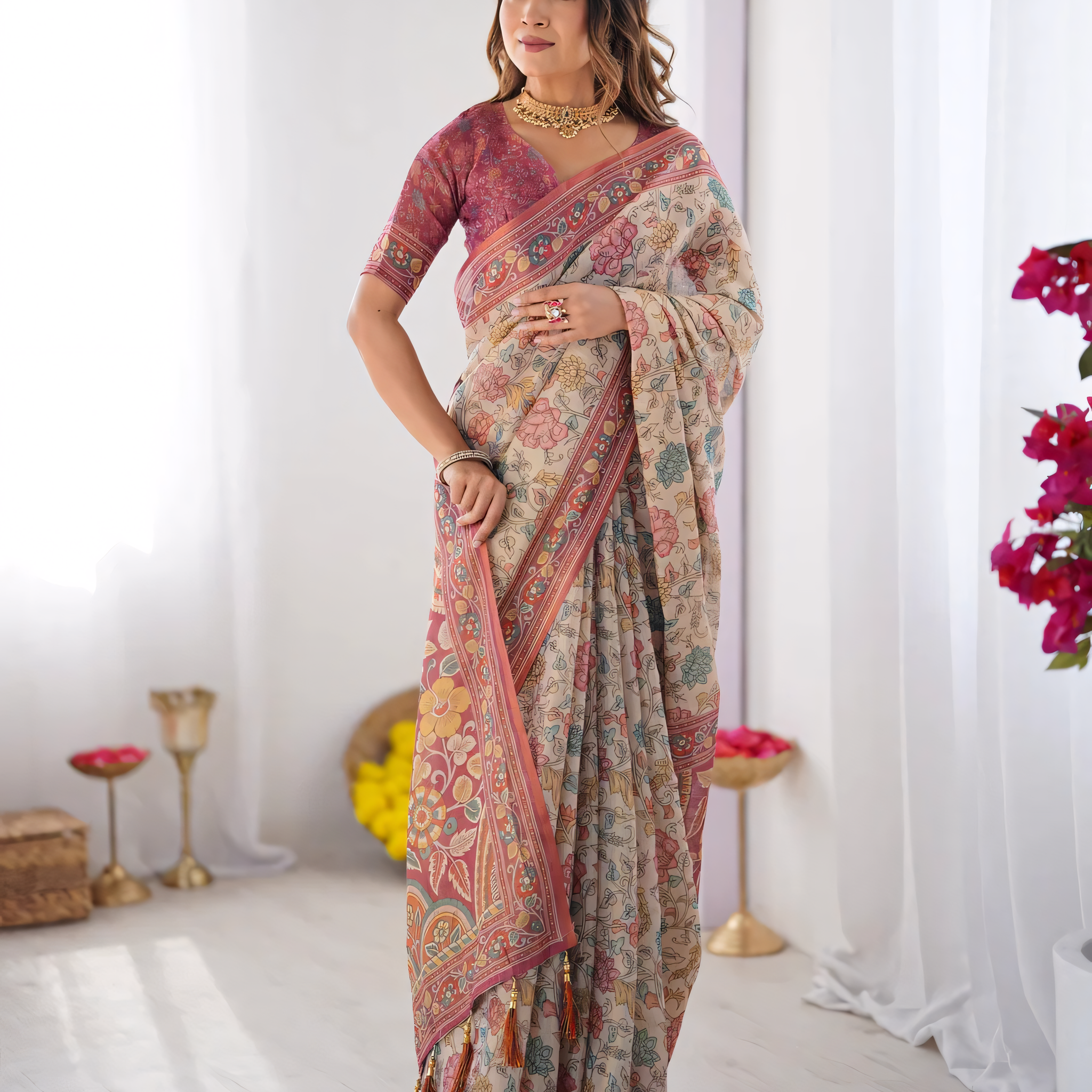 Cream & Pink Handloom Cotton Saree with Pastel Floral Print and Ornamental Tree Pallu