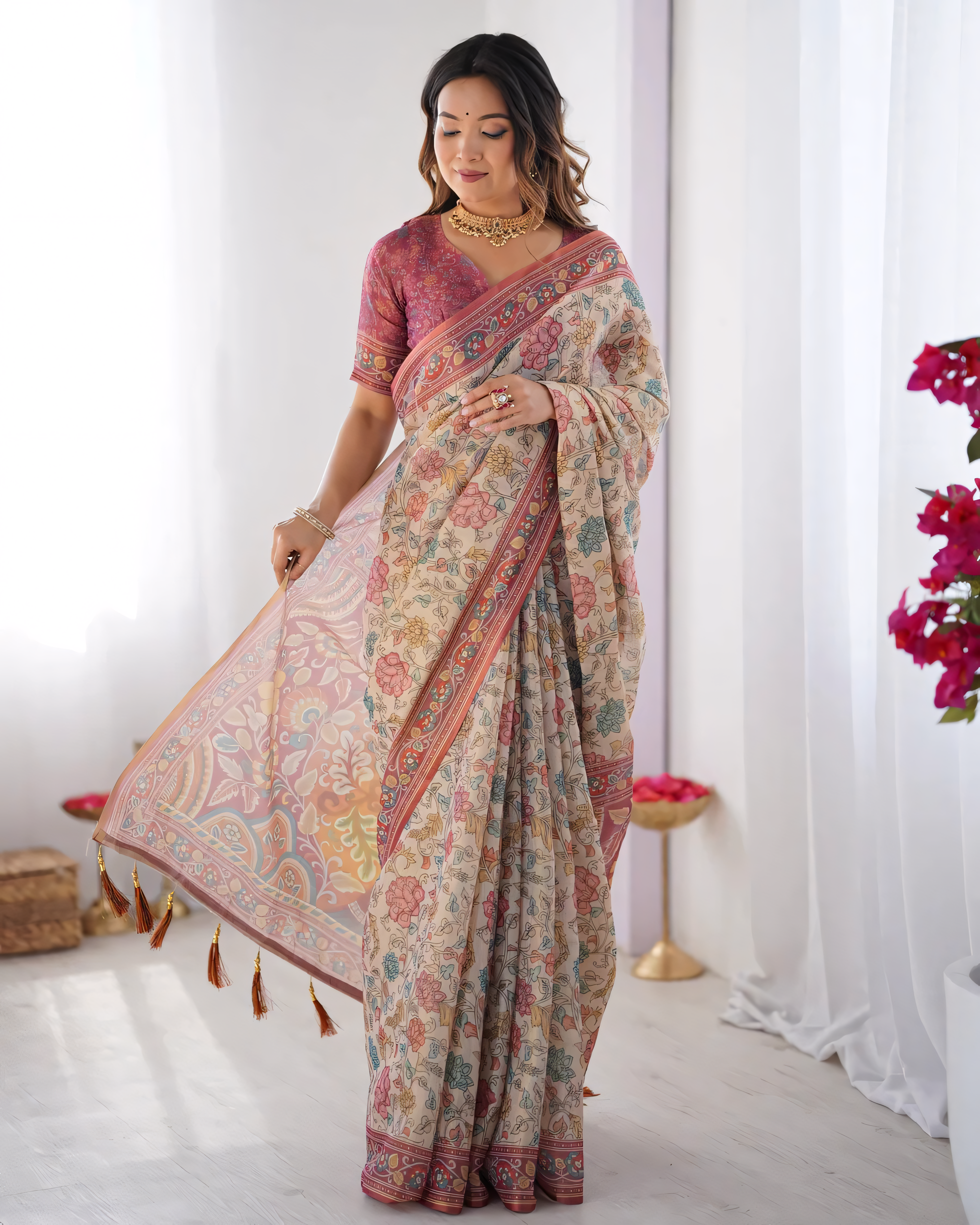 Cream & Pink Handloom Cotton Saree with Pastel Floral Print and Ornamental Tree Pallu