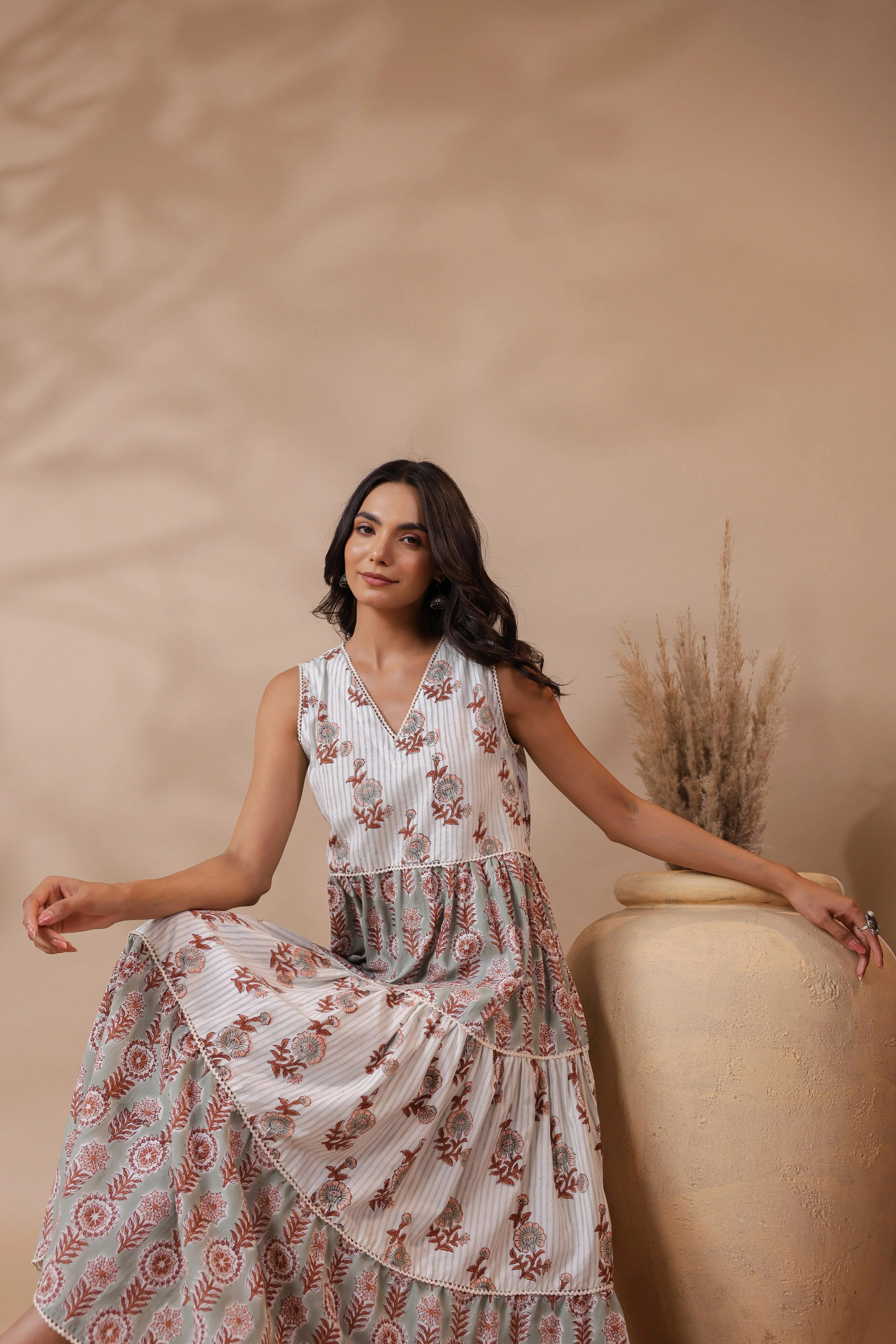V-neck Handblock Printed Dress