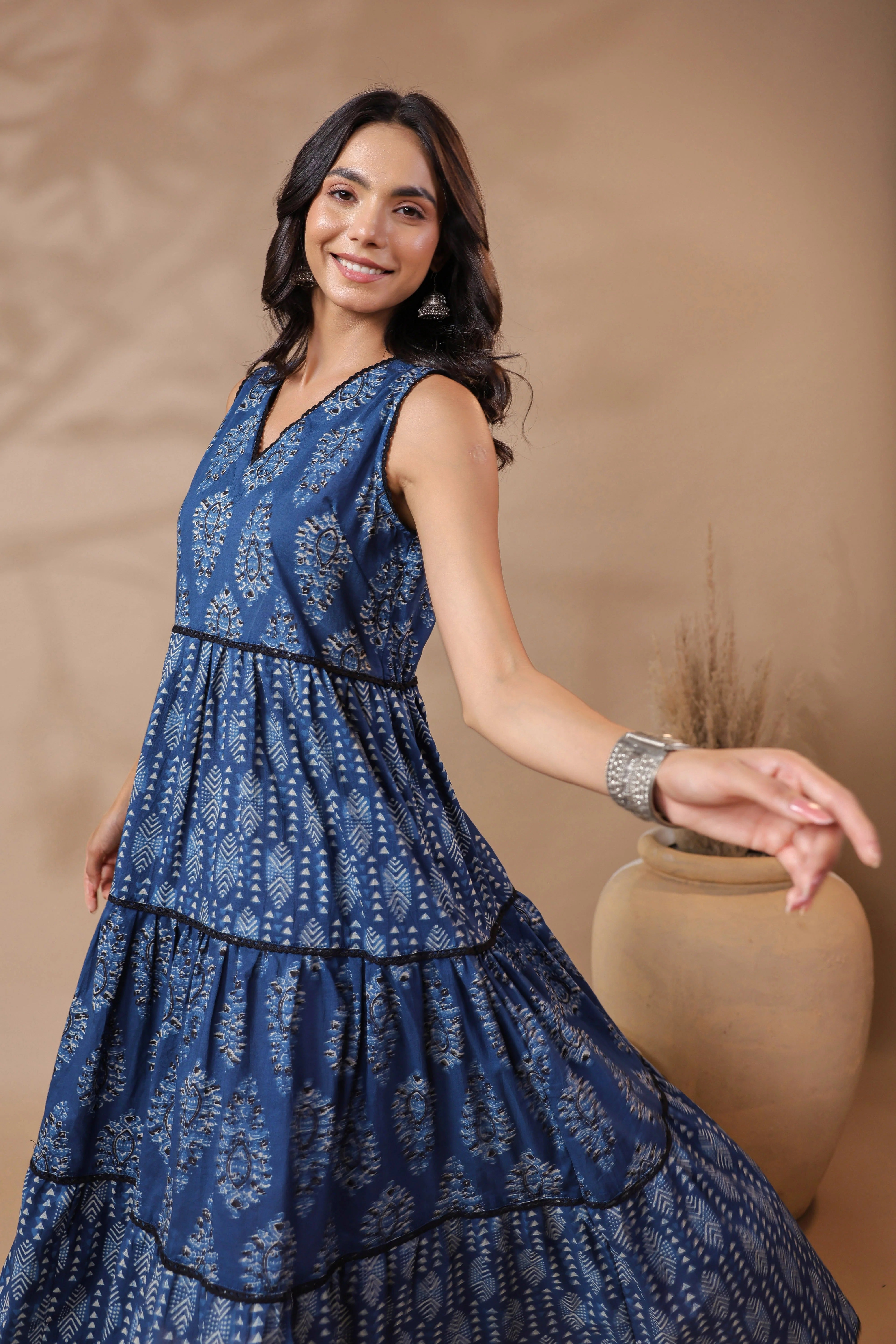 Indigo V-neck Handblock Printed Dress