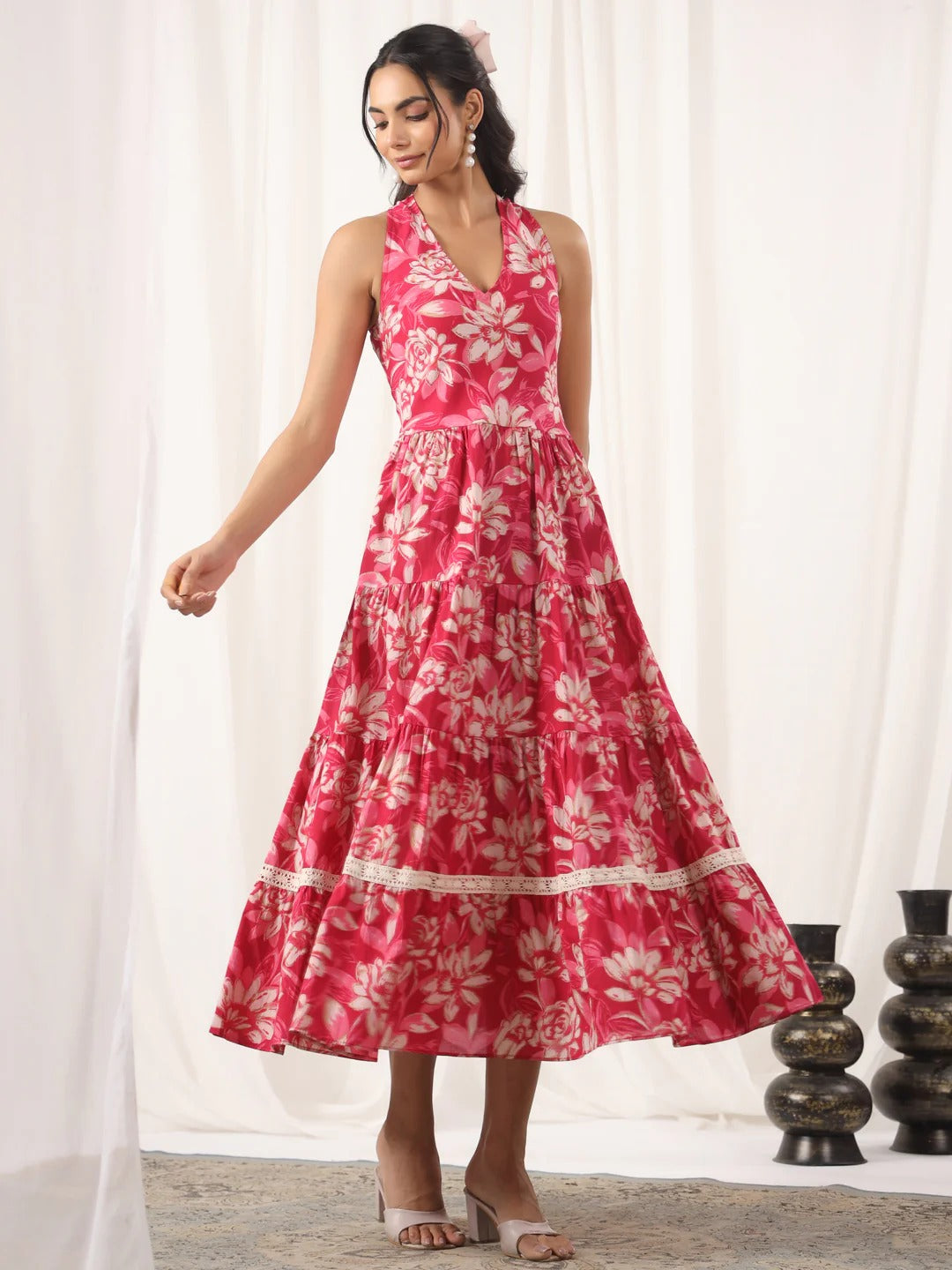 Pink Printed Cotton Halter Dress For Women