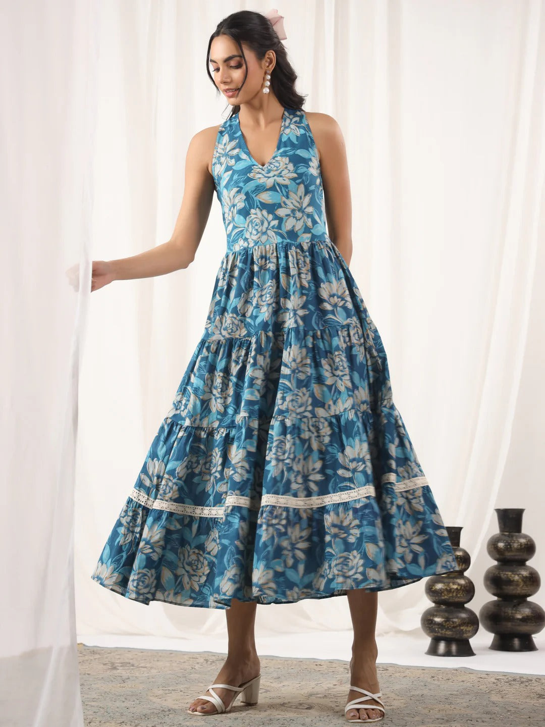 Blue Printed Cotton Dress For Women