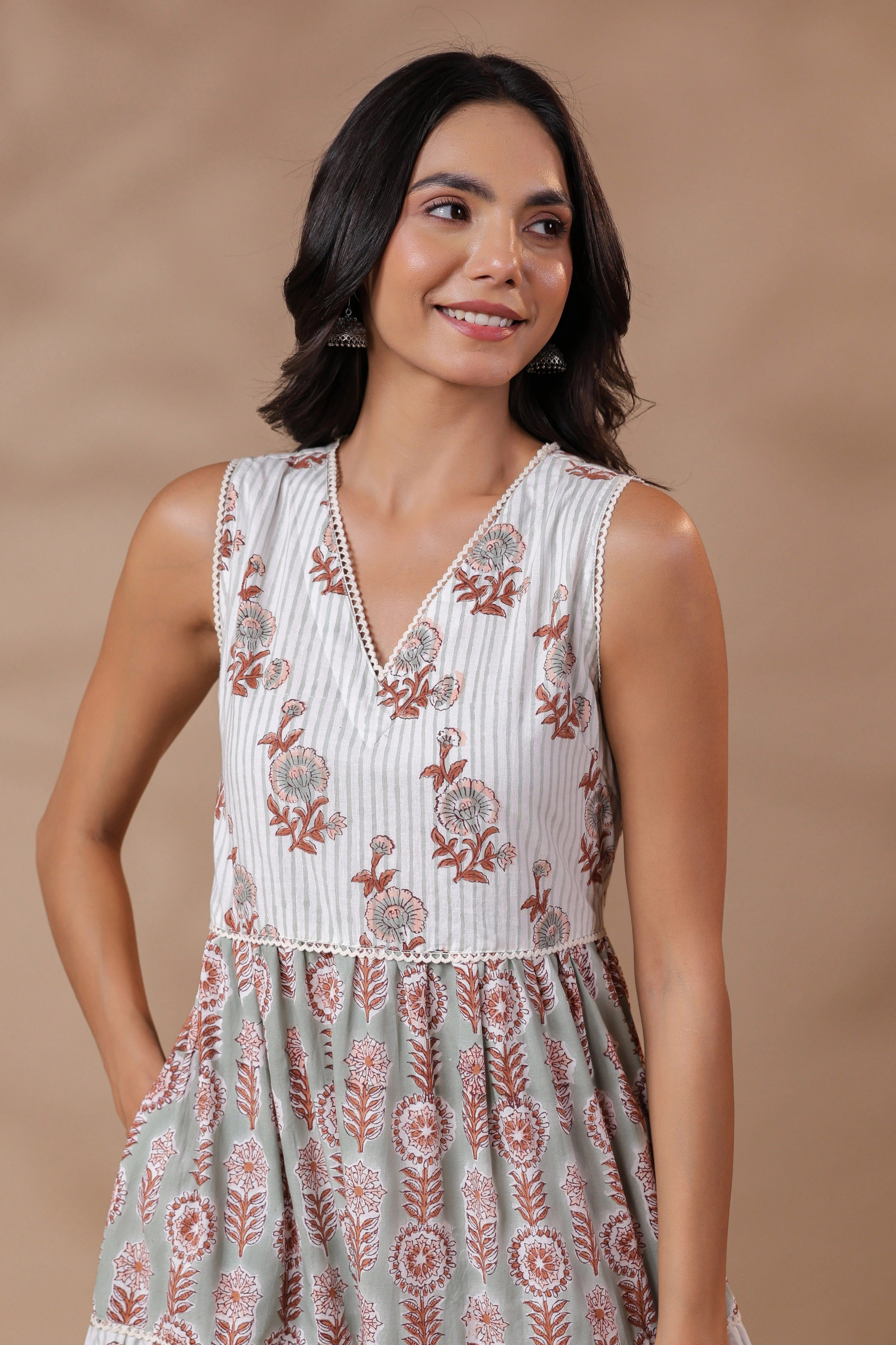 V-neck Handblock Printed Dress