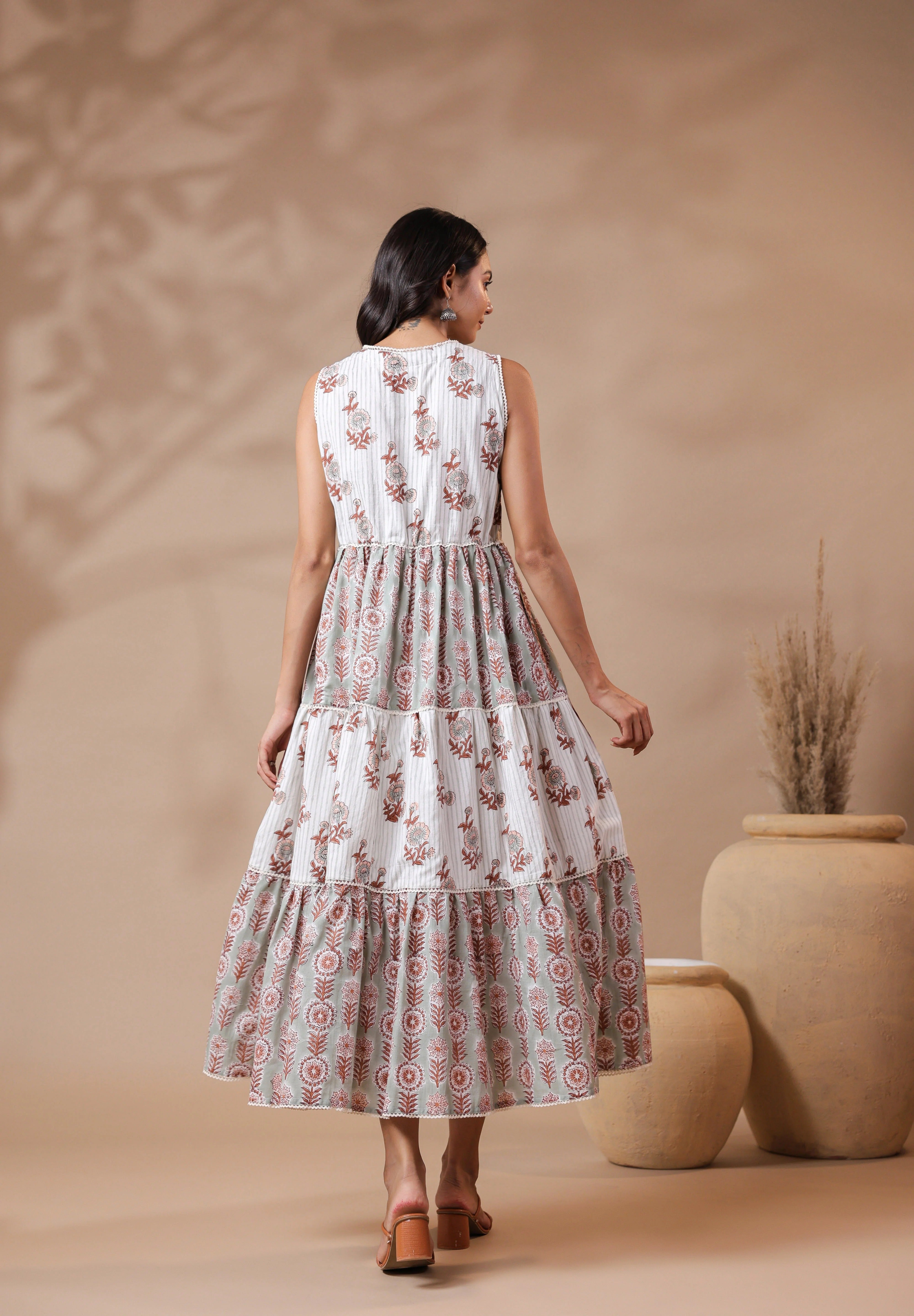 V-neck Handblock Printed Dress