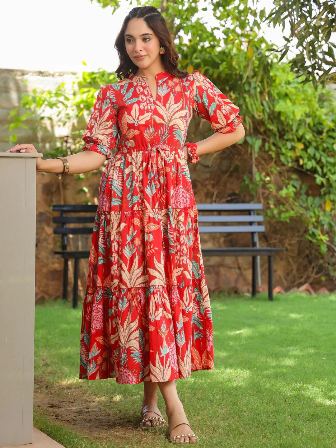 Women Floral Print Puff Sleeve Pure Cotton Fit & Flare Midi Dress