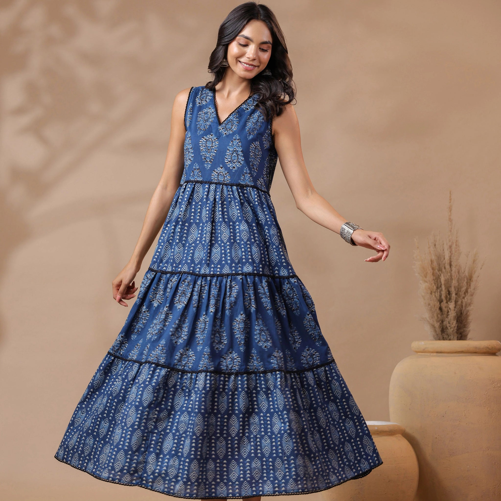 Indigo V-neck Handblock Printed Dress