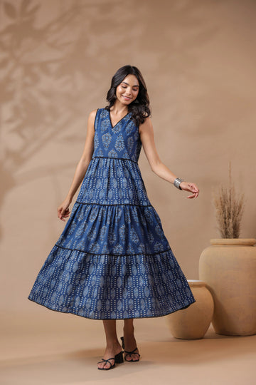 Indigo V-neck Handblock Printed Dress