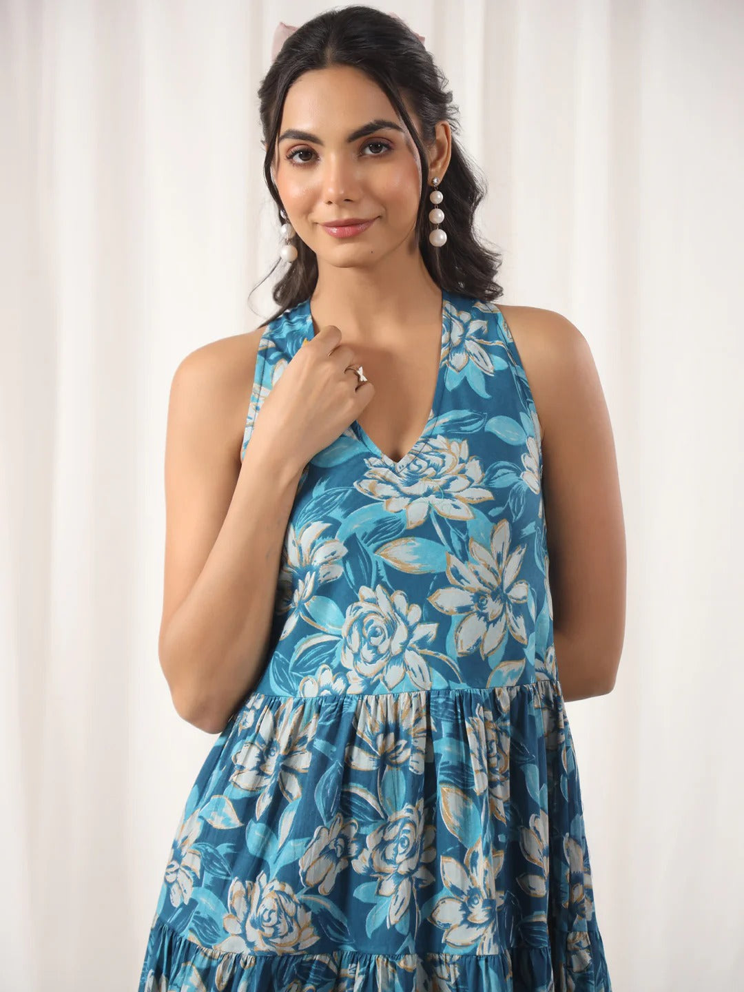 Blue Printed Cotton Dress For Women