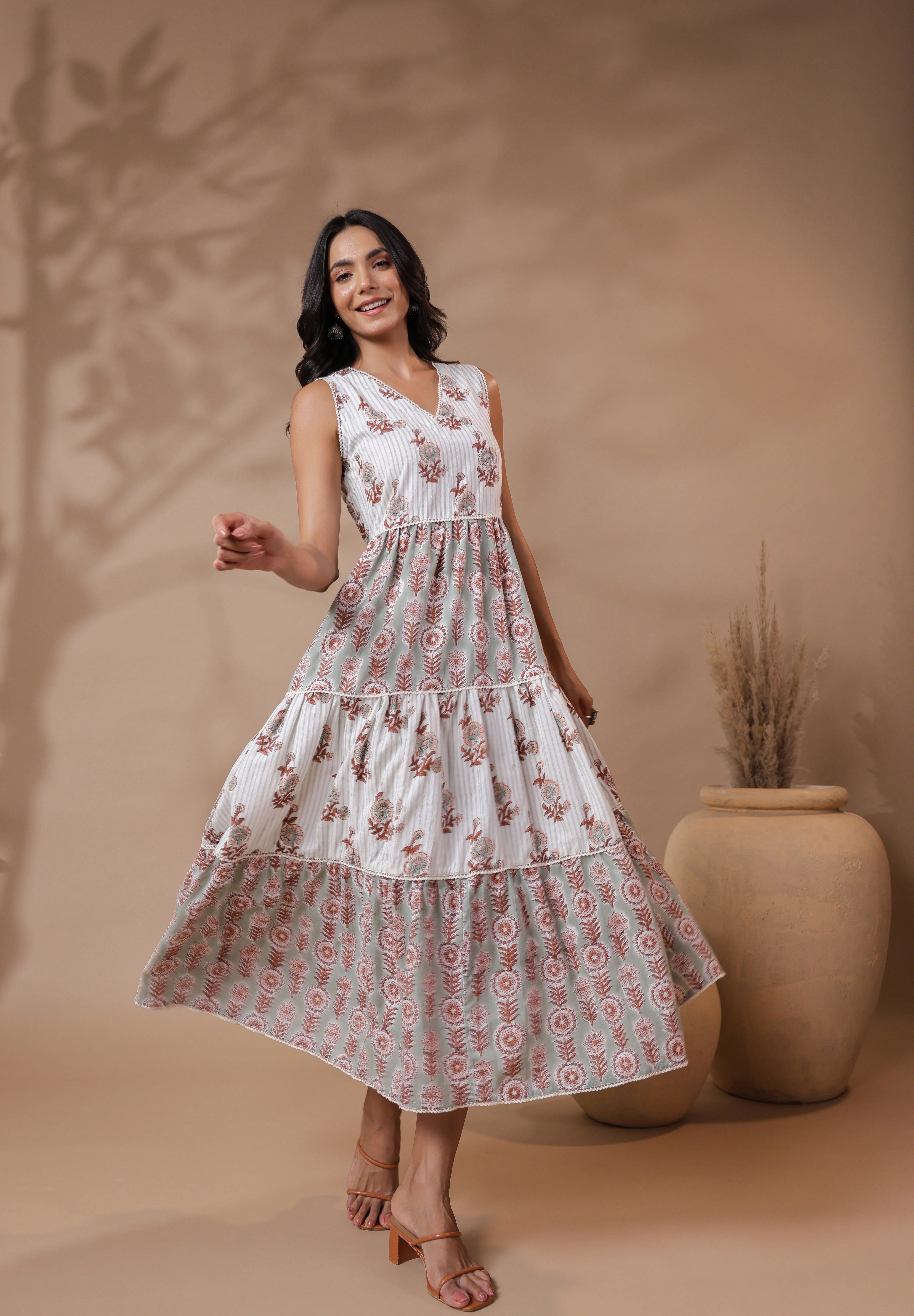 V-neck Handblock Printed Dress