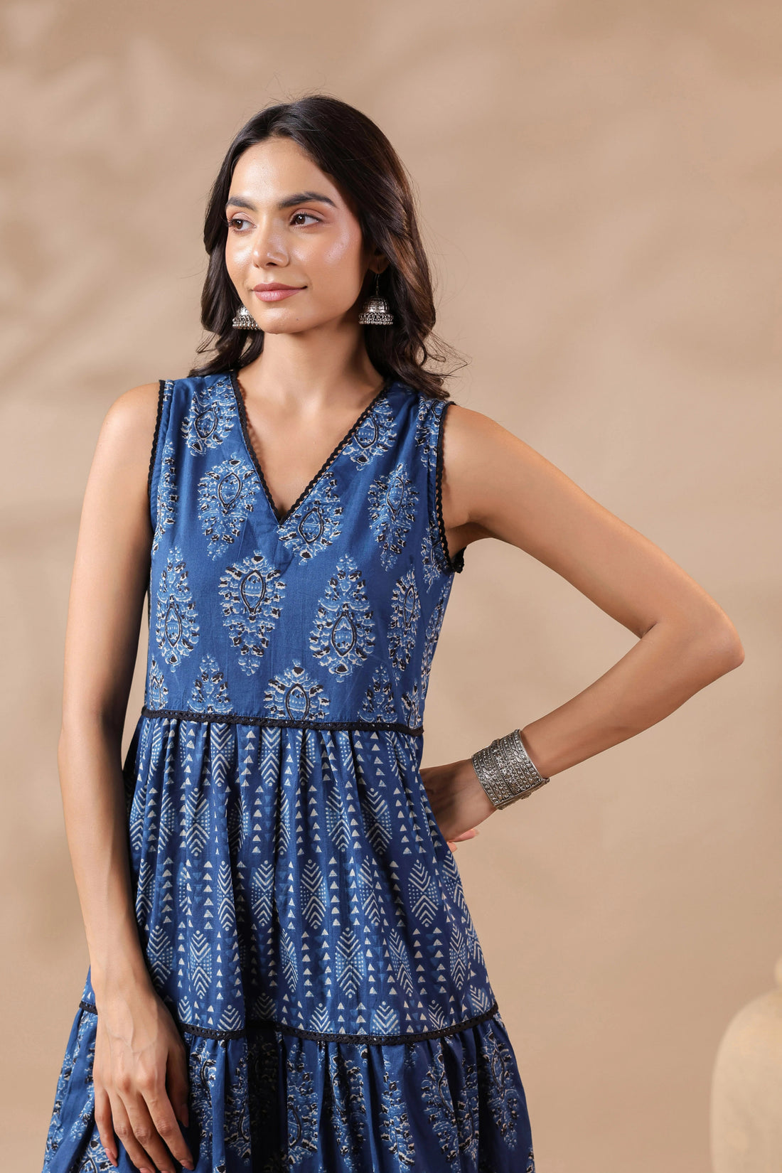 Indigo V-neck Handblock Printed Dress