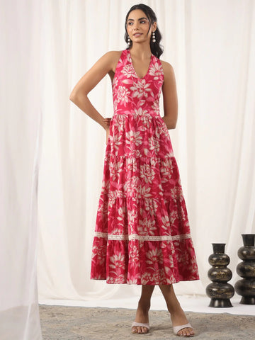 Pink Printed Cotton Halter Dress For Women