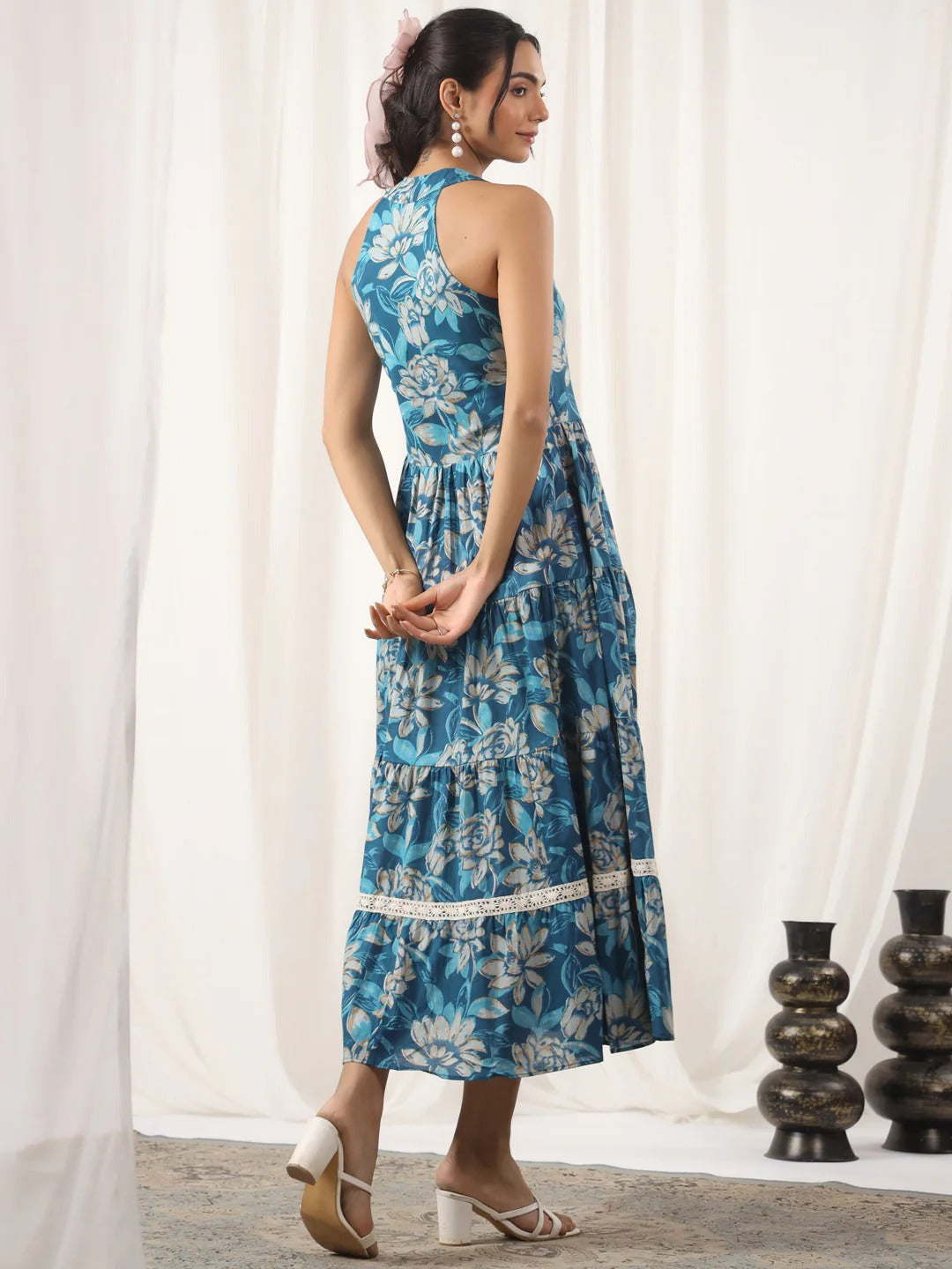 Blue Printed Cotton Dress For Women