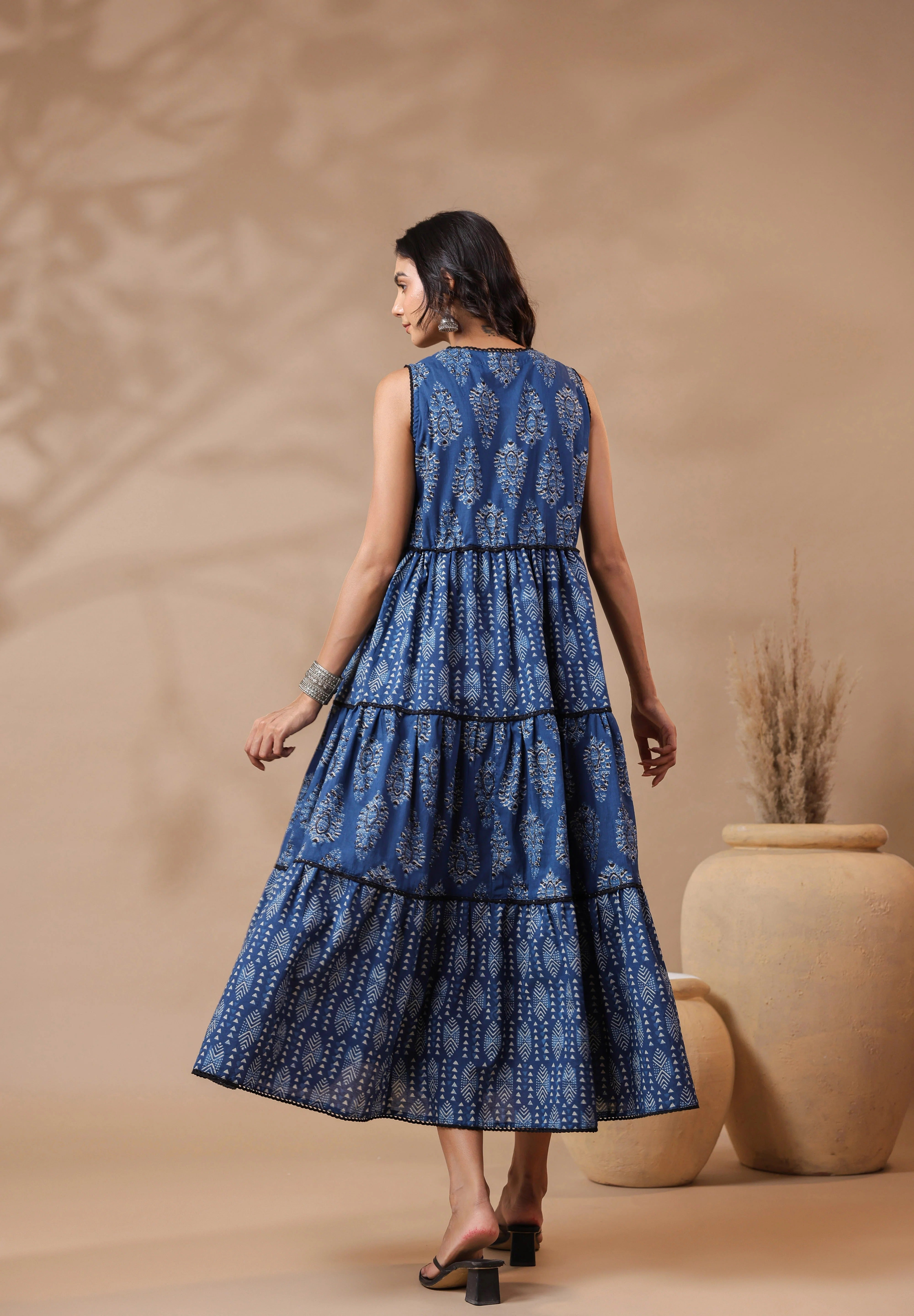 Indigo V-neck Handblock Printed Dress