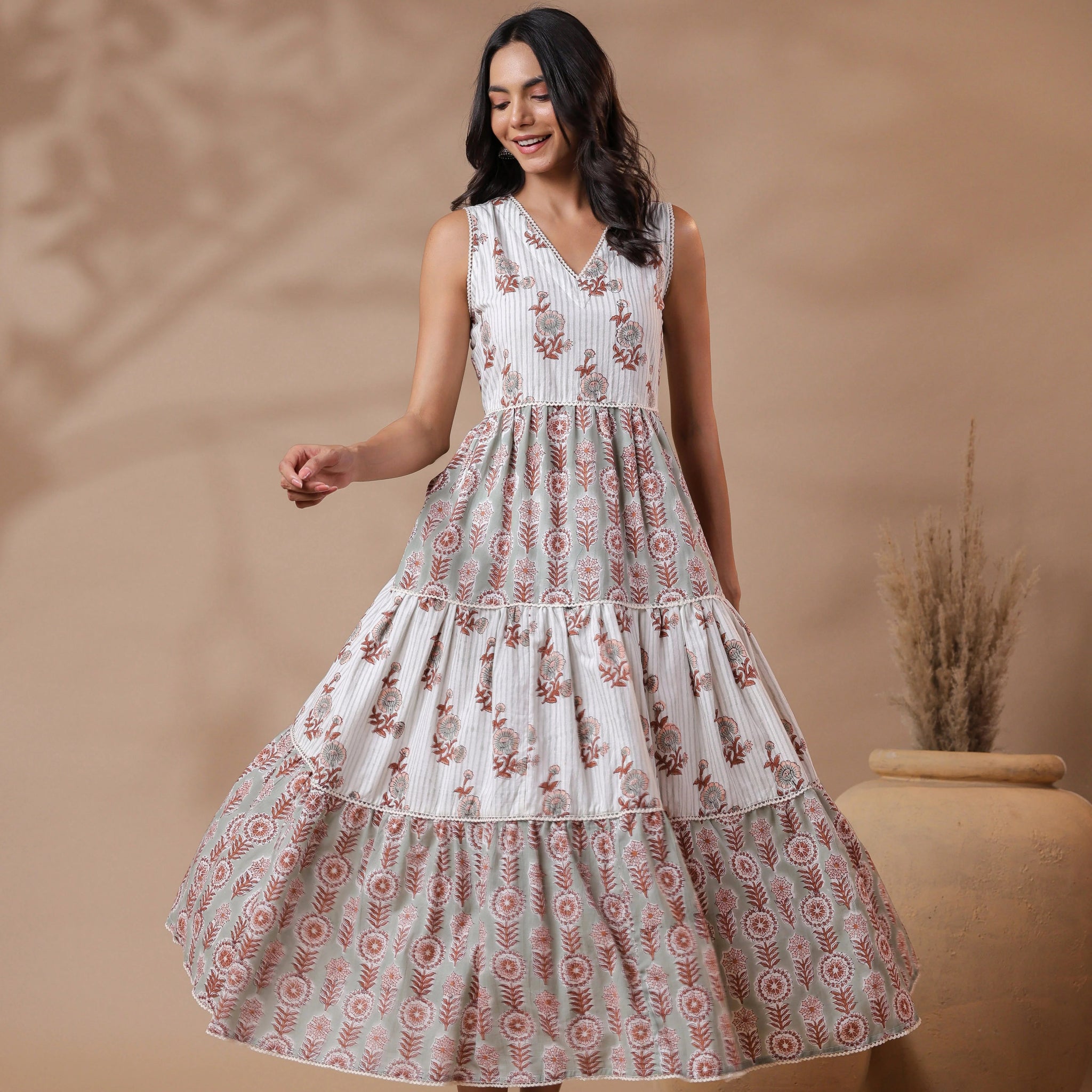 V-neck Handblock Printed Dress