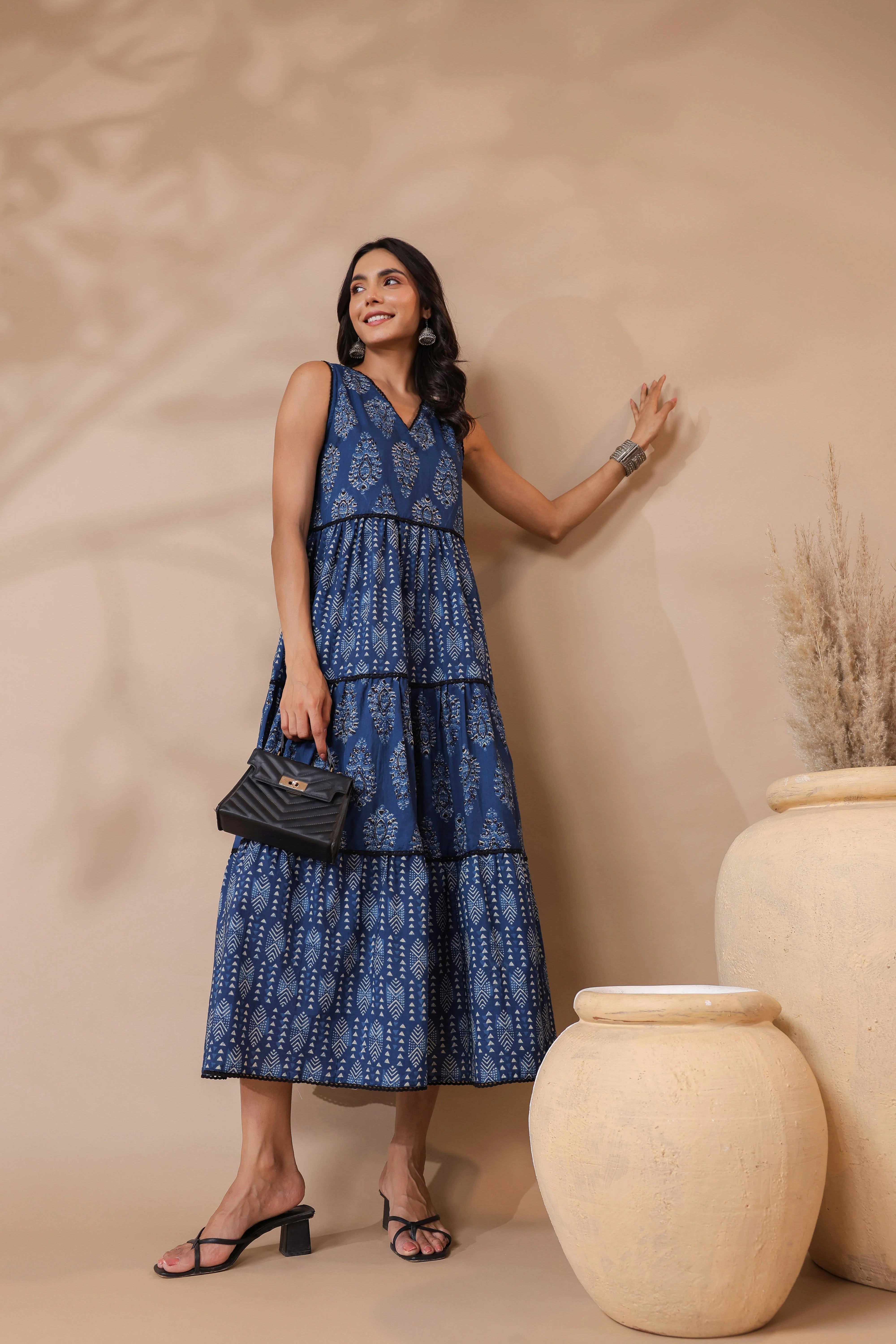 Indigo V-neck Handblock Printed Dress