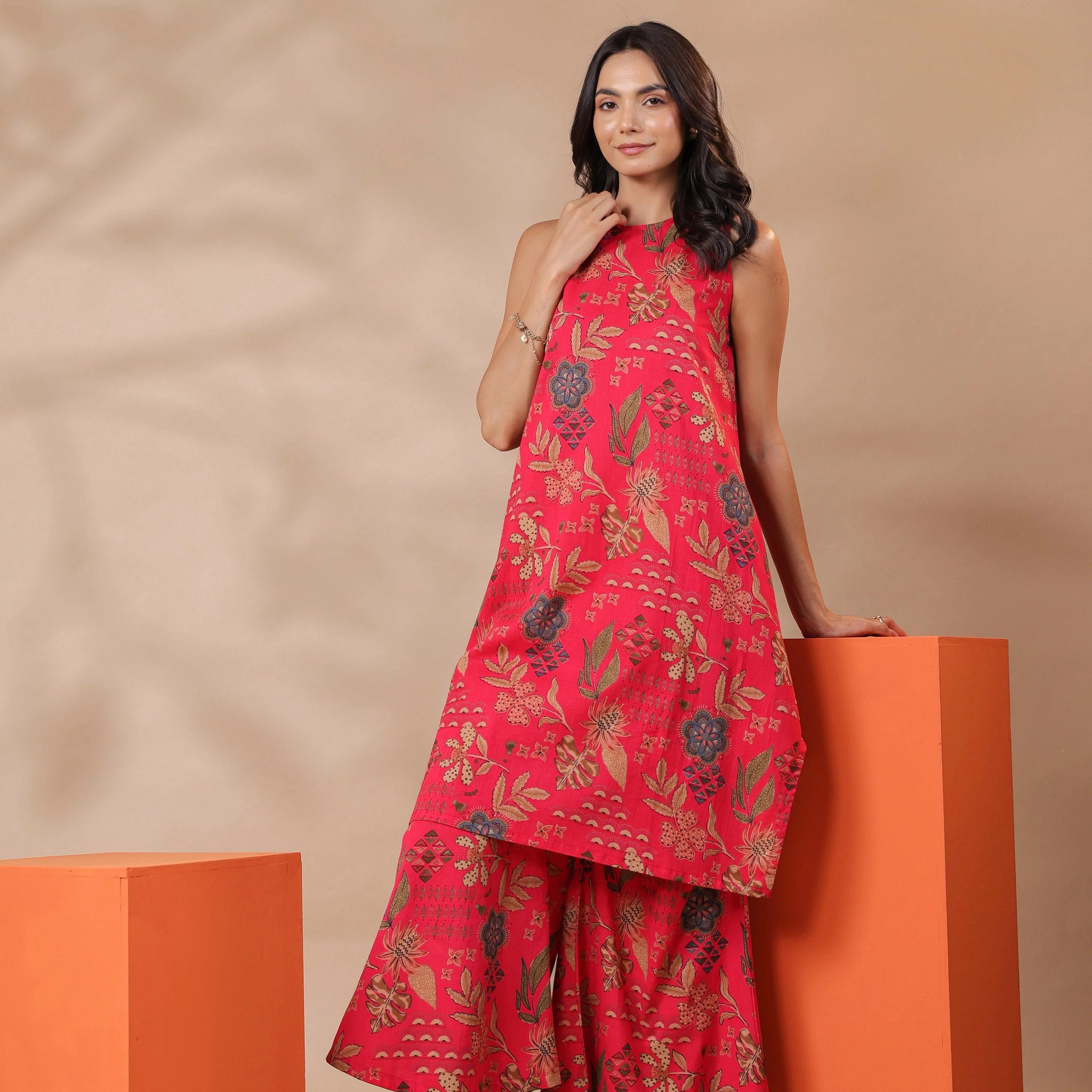 Pink Printed Sleeveless Cotton Kurta & Pants Set