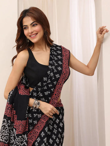 Black Printed Cotton Saree With Unstitched Blouse Piece