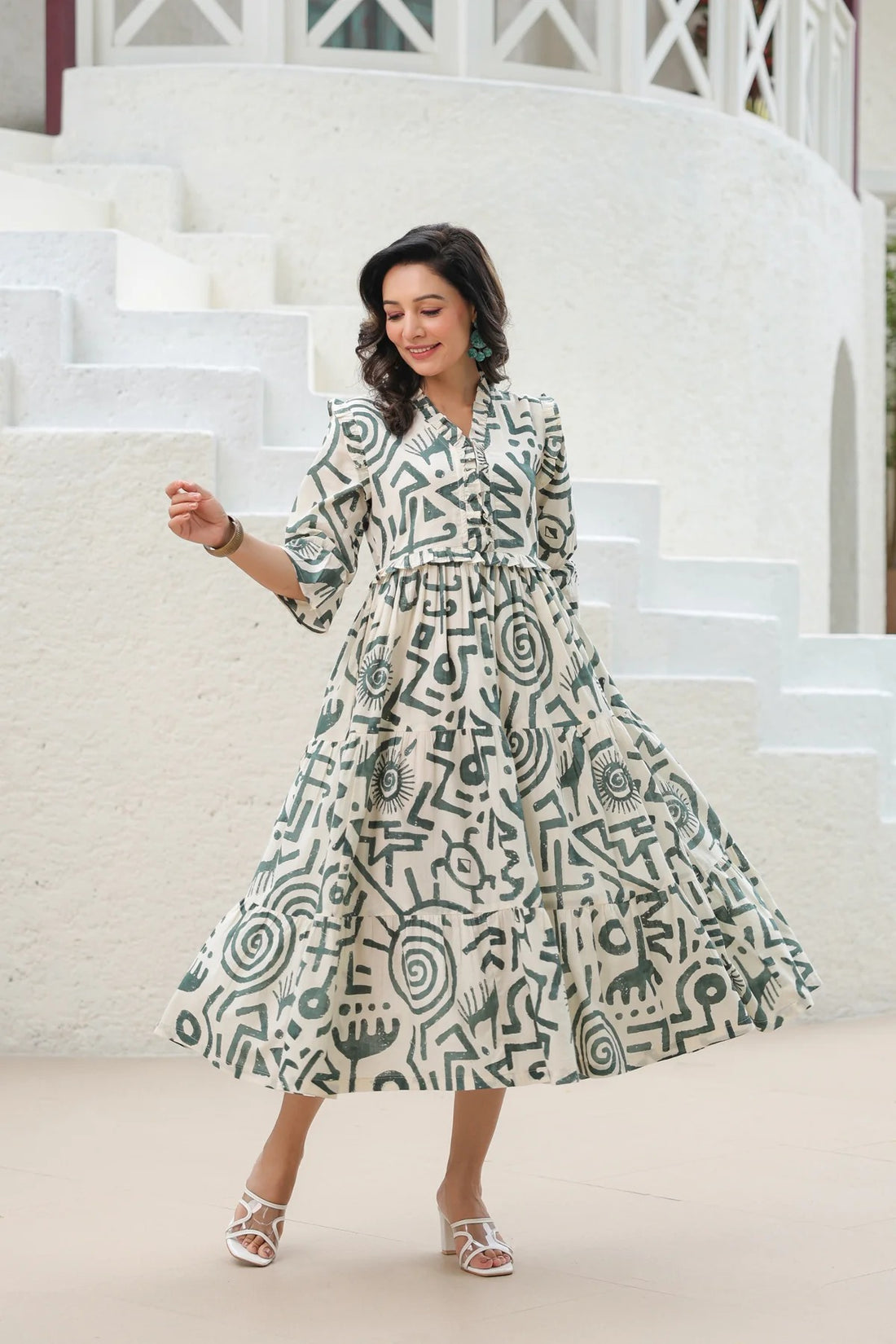 Printed Tiered Fit & Flare Midi Dress