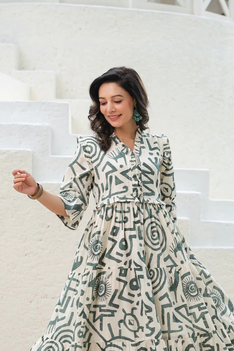 Printed Tiered Fit & Flare Midi Dress