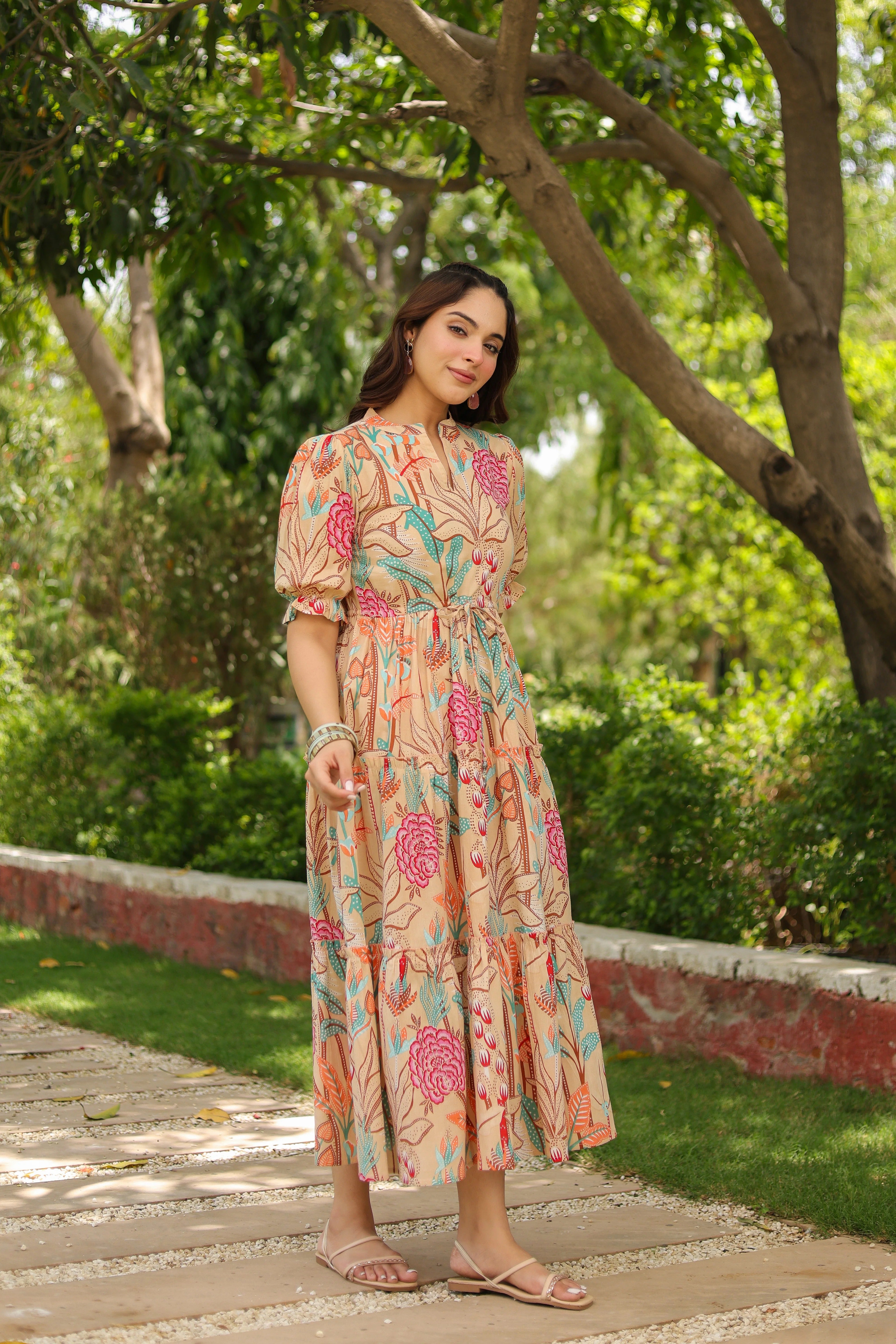 Women Floral Printed Puff Sleeve Fit & Flare Dress