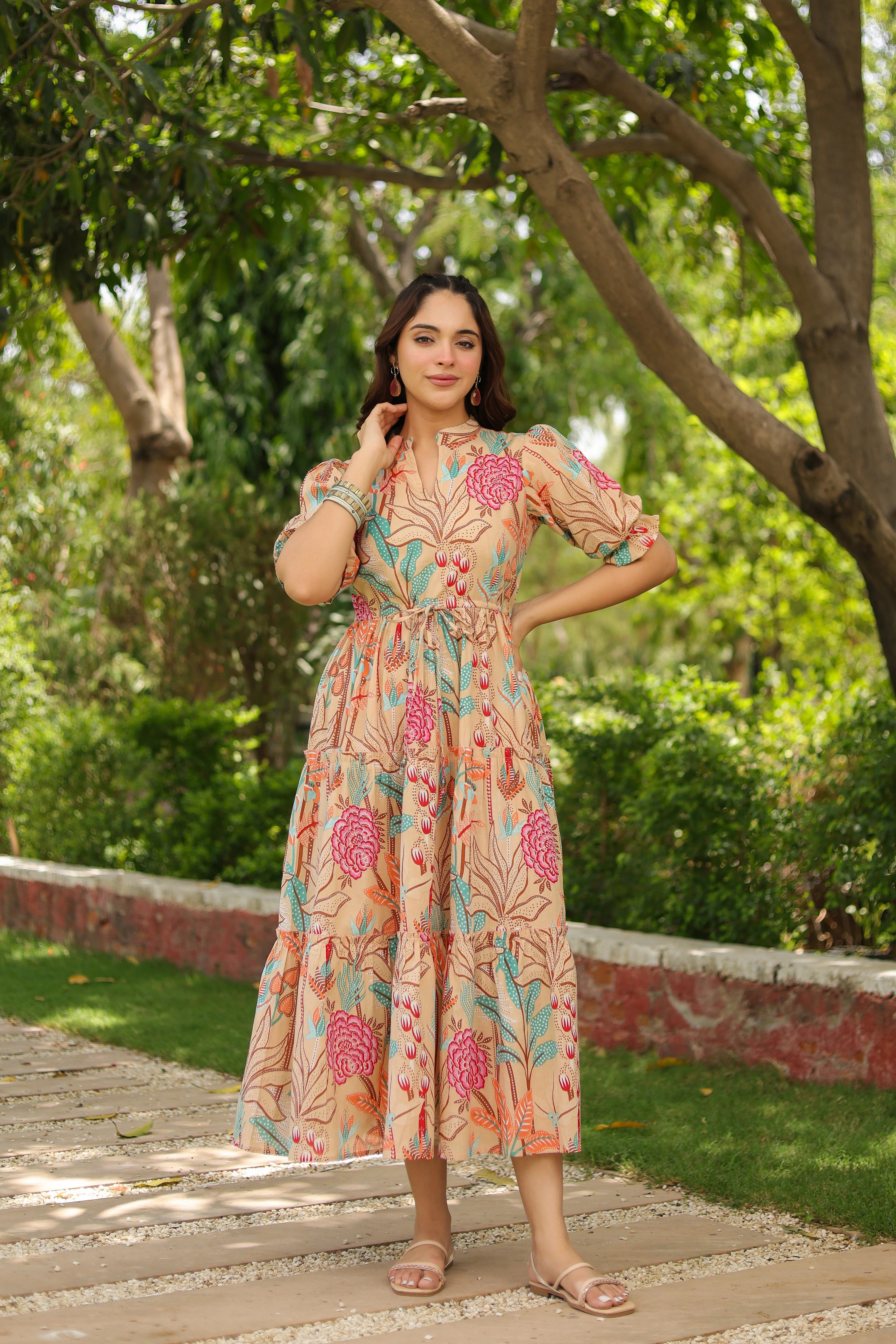 Women Floral Printed Puff Sleeve Fit & Flare Dress