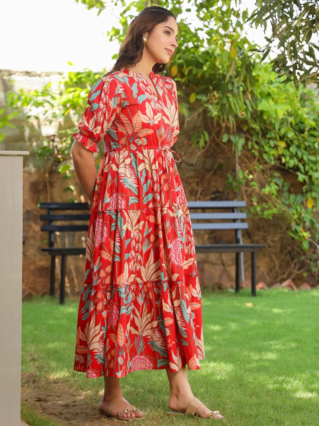 Women Floral Print Puff Sleeve Pure Cotton Fit & Flare Midi Dress